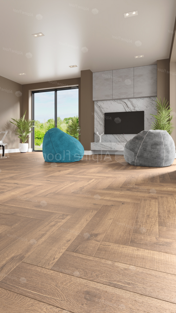 Кварцвиниловый SPC ламинат Alpine Floor Parquet Premium Дуб Royal ECO 19-2 венгерская елка 600×125×8 фото в интерьере