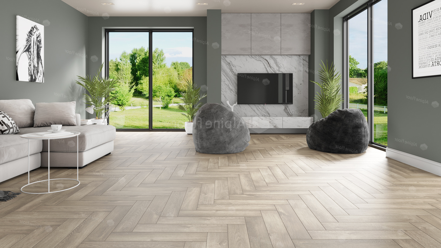 Кварцвиниловый SPC ламинат Alpine Floor Parquet Premium Дуб Натуральный отбеленный ECO 19-5 венгерская елка 600×125×8 фото в интерьере