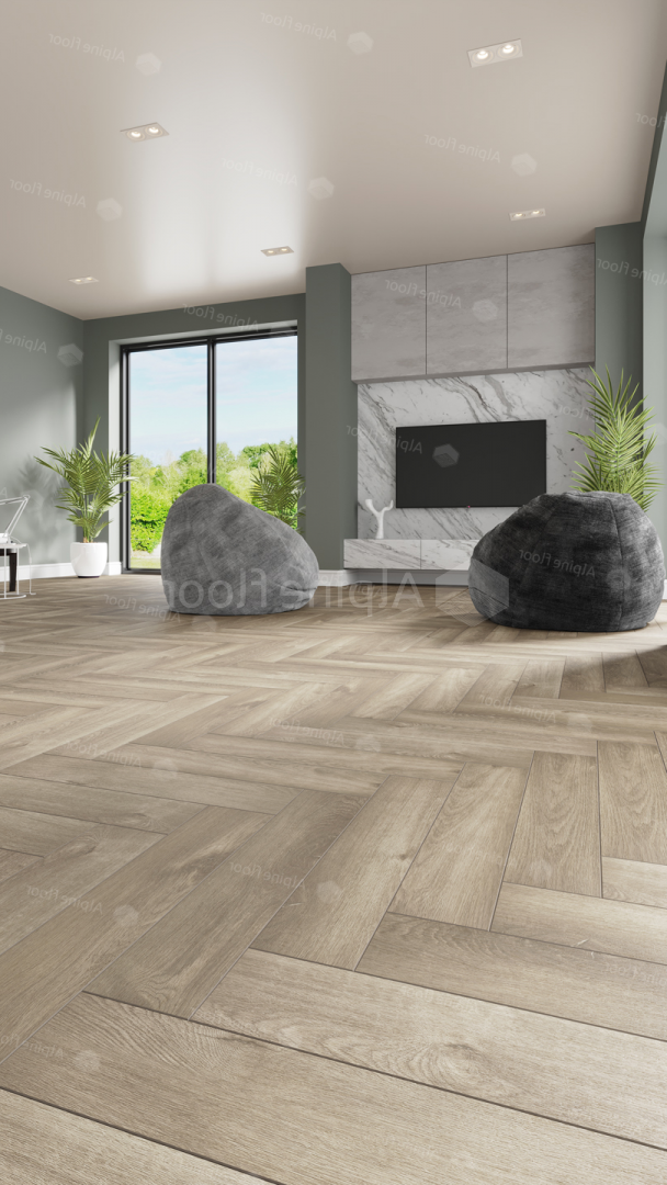 Кварцвиниловый SPC ламинат Alpine Floor Parquet Premium Дуб Натуральный отбеленный ECO 19-5 венгерская елка 600×125×8 фото в интерьере