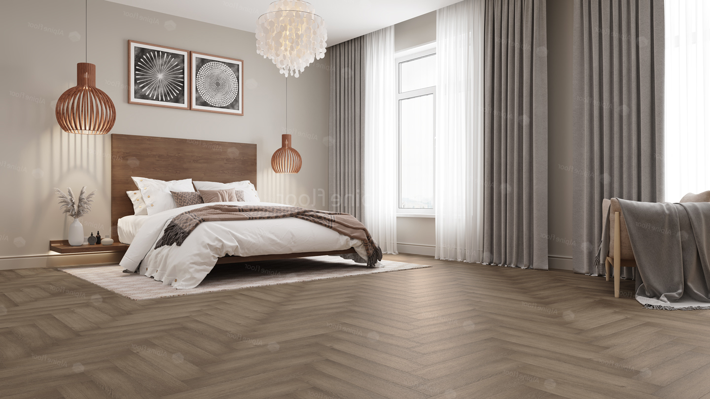 Кварцвиниловый SPC ламинат Alpine Floor Parquet Premium Дуб Насыщенный ECO 19-7 венгерская елка 600×125×8 фото в интерьере