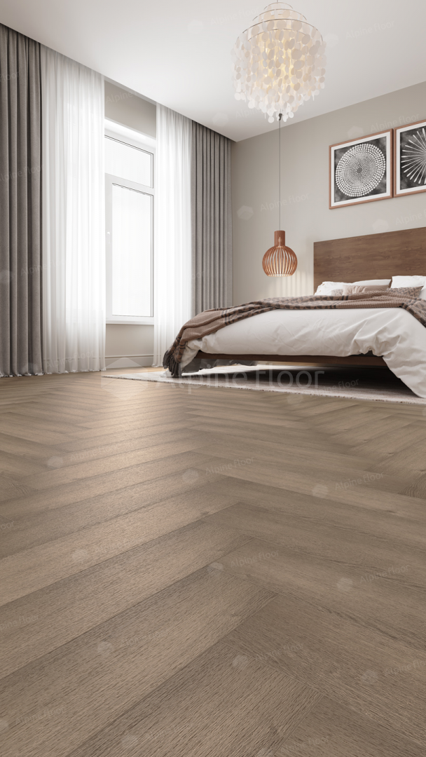 Кварцвиниловый SPC ламинат Alpine Floor Parquet Premium Дуб Насыщенный ECO 19-7 венгерская елка 600×125×8 фото в интерьере