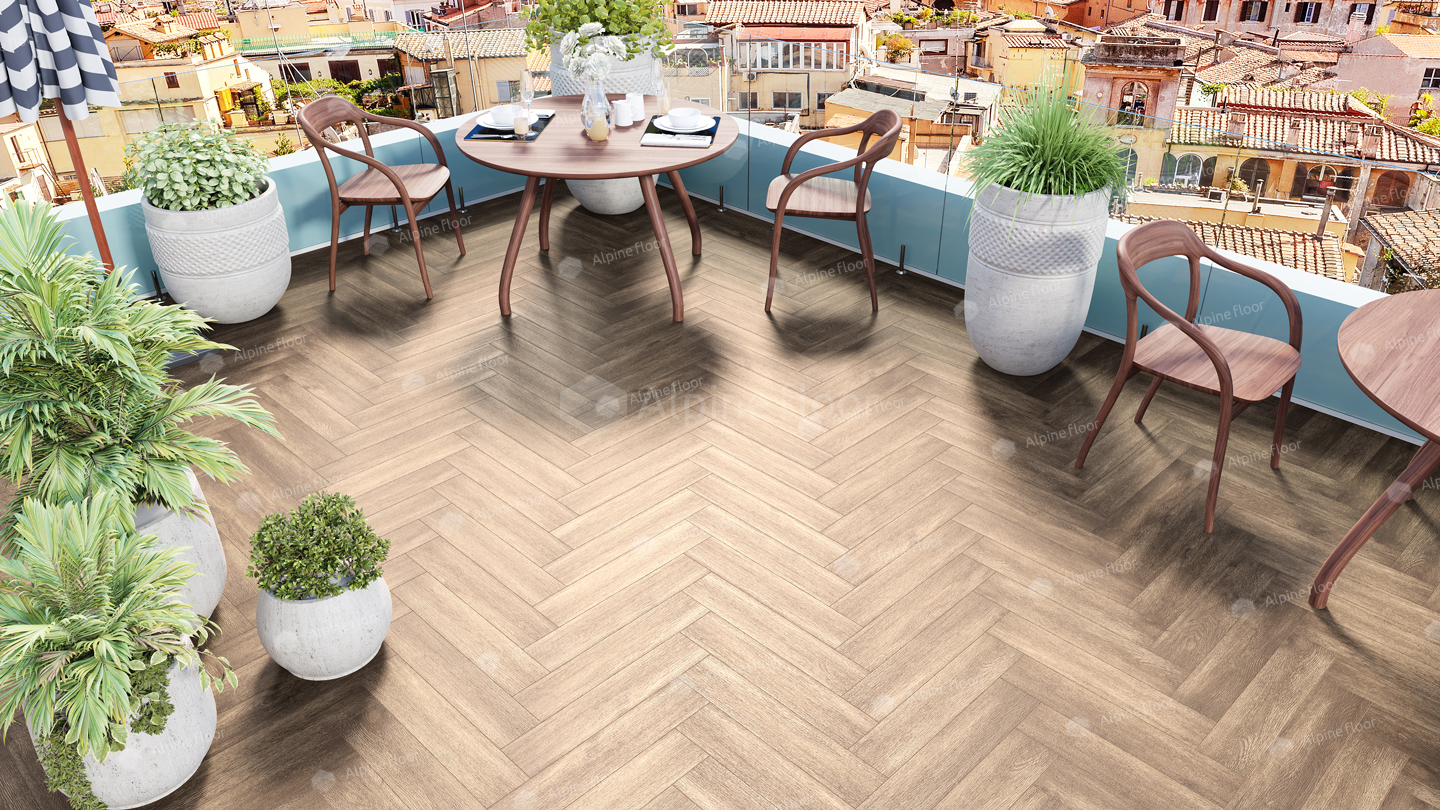 Кварцвиниловый SPC ламинат Alpine Floor Parquet Premium Дуб Макадамия ECO 19-10 венгерская елка 600×125×8 фото в интерьере