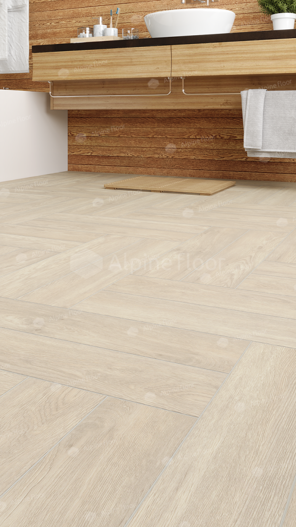 Кварцвиниловый SPC ламинат Alpine Floor Parquet Premium Дуб Адара ECO 19-14 венгерская елка 600×125×8 фото в интерьере
