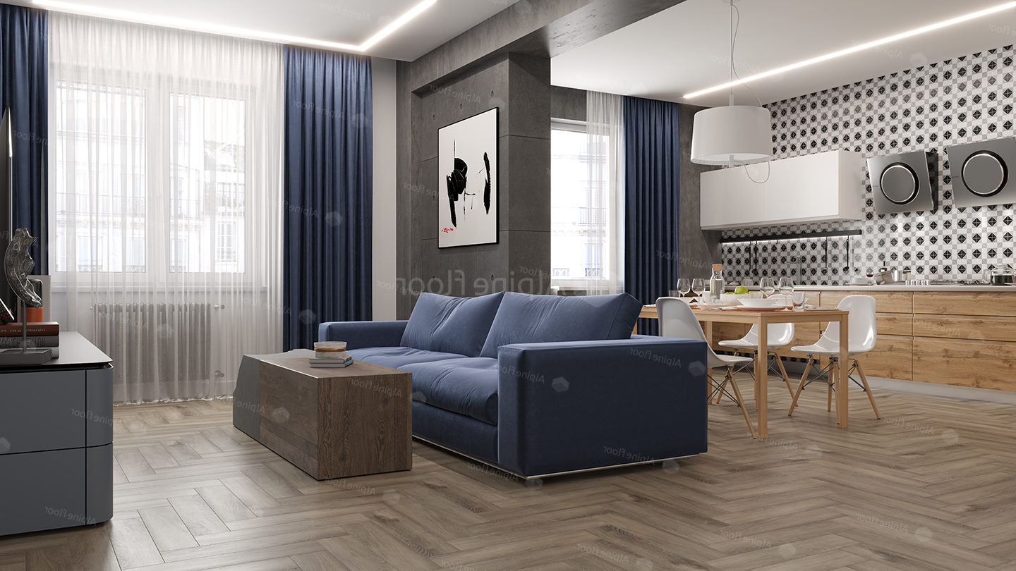 Кварцвиниловый SPC ламинат Alpine Floor Parquet Premium Северная история ECO 19-15 венгерская елка 600×125×8 фото в интерьере