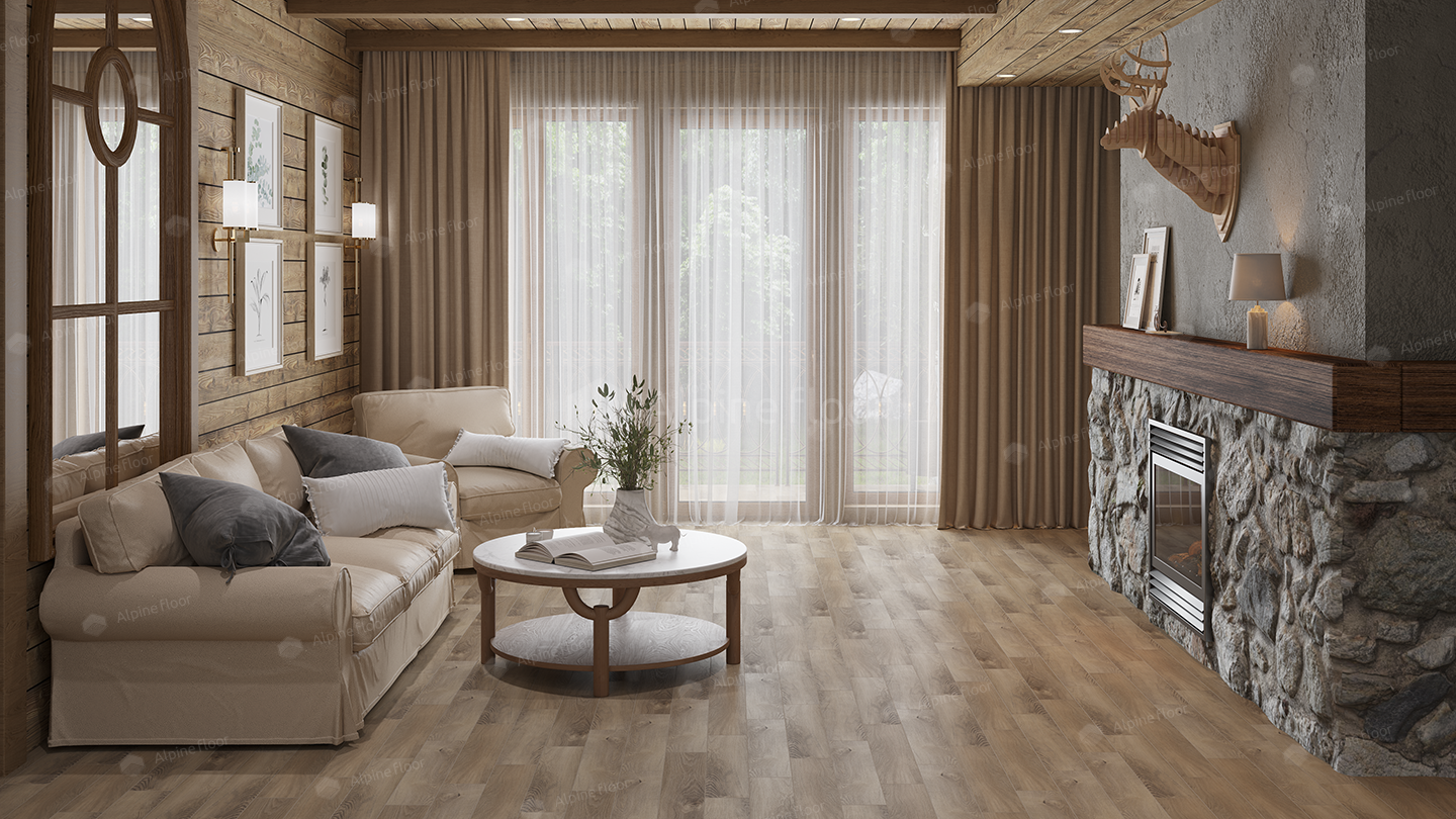 Кварцвиниловый SPC ламинат Alpine Floor Parquet Premium Дуб Природный изысканный ECO 19-17 венгерская елка 600×125×8 фото в интерьере