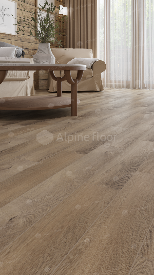 Кварцвиниловый SPC ламинат Alpine Floor Parquet Premium Дуб Природный изысканный ECO 19-17 венгерская елка 600×125×8 фото в интерьере