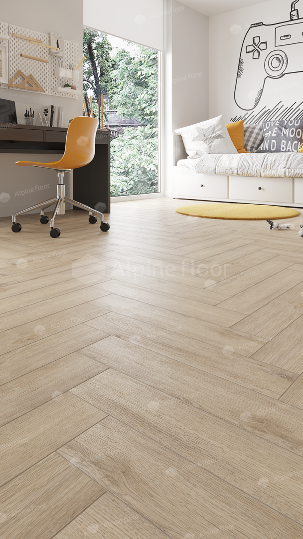 Кварцвиниловый SPC ламинат Alpine Floor Parquet Premium Дуб Дуб Медия ECO 19-20 венгерская елка 600×125×8 фото в интерьере