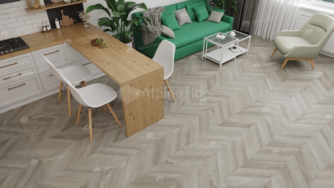 Кварцвиниловая плитка Alpine Floor клеевая Chevron Alpine LVT Дуб Фантазия Chevron ECO 20-1 французская елка 555×127×2,5 фото в интерьере