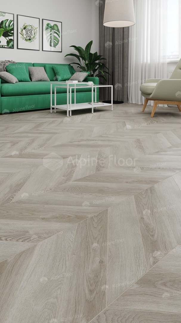 Кварцвиниловая плитка Alpine Floor клеевая Chevron Alpine LVT Дуб Фантазия Chevron ECO 20-1 французская елка 555×127×2,5 фото в интерьере