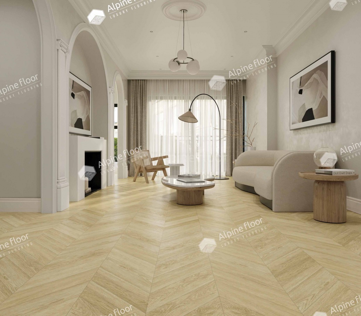 Кварцвиниловая плитка Alpine Floor клеевая Chevron Alpine LVT Дуб Ваниль Селект Chevron ECO 20-2 французская елка 555×127×2,5 фото в интерьере