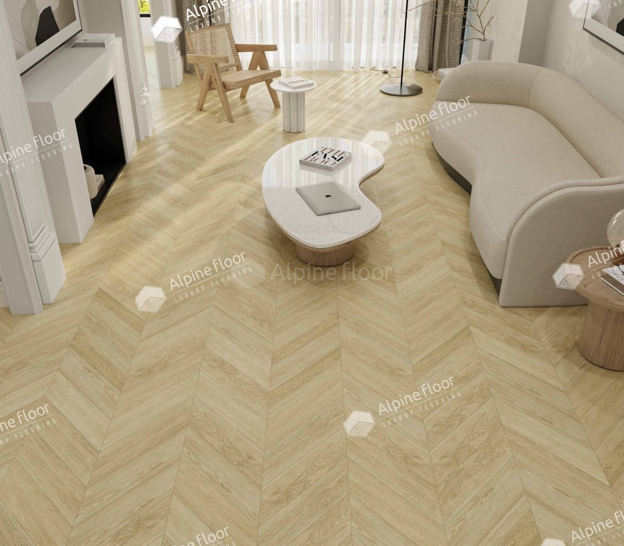 Кварцвиниловая плитка Alpine Floor клеевая Chevron Alpine LVT Дуб Ваниль Селект Chevron ECO 20-2 французская елка 555×127×2,5 фото в интерьере
