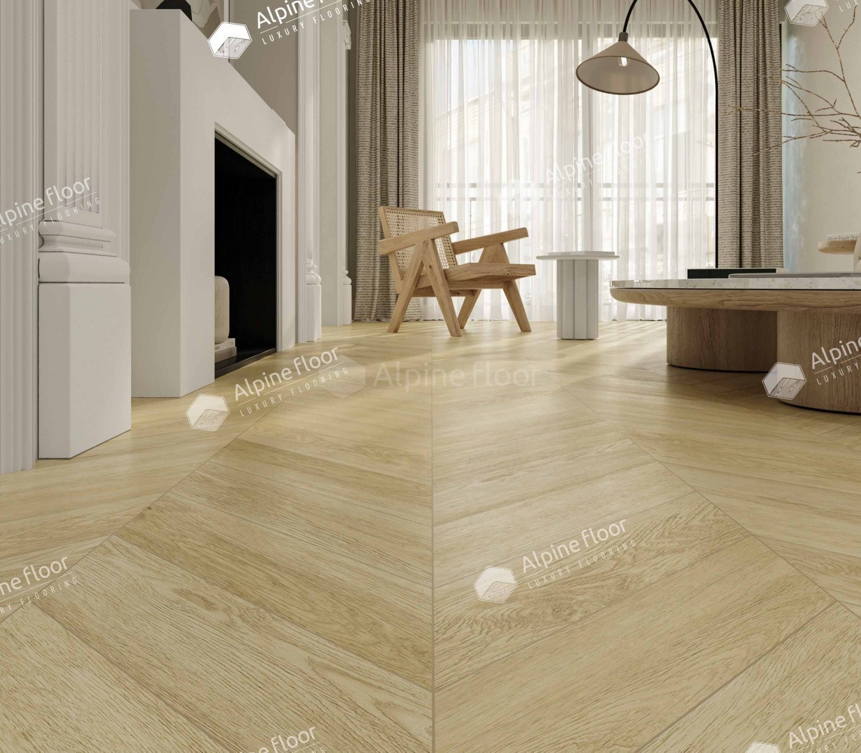 Кварцвиниловая плитка Alpine Floor клеевая Chevron Alpine LVT Дуб Ваниль Селект Chevron ECO 20-2 французская елка 555×127×2,5 фото в интерьере