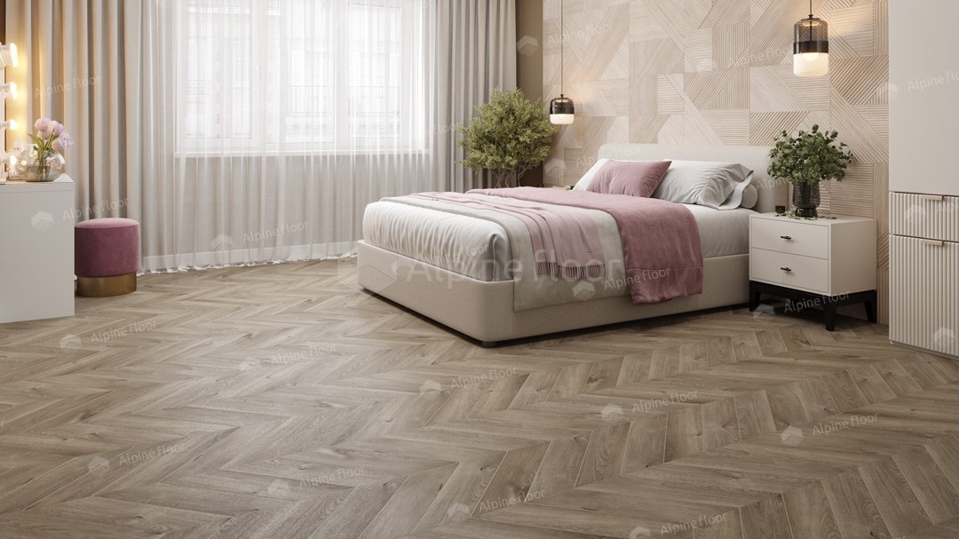 Кварцвиниловая плитка Alpine Floor клеевая Chevron Alpine LVT Дуб Натуральный отбеленный Chevron ECO 20-3 французская елка 555×127×2,5 фото в интерьере