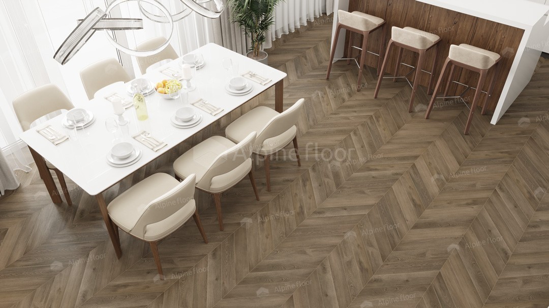 Кварцвиниловая плитка Alpine Floor клеевая Chevron Alpine LVT Дуб Насыщенный Chevron ECO 20-4 французская елка 555×127×2,5 фото в интерьере