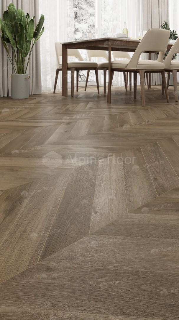 Кварцвиниловая плитка Alpine Floor клеевая Chevron Alpine LVT Дуб Насыщенный Chevron ECO 20-4 французская елка 555×127×2,5 фото в интерьере