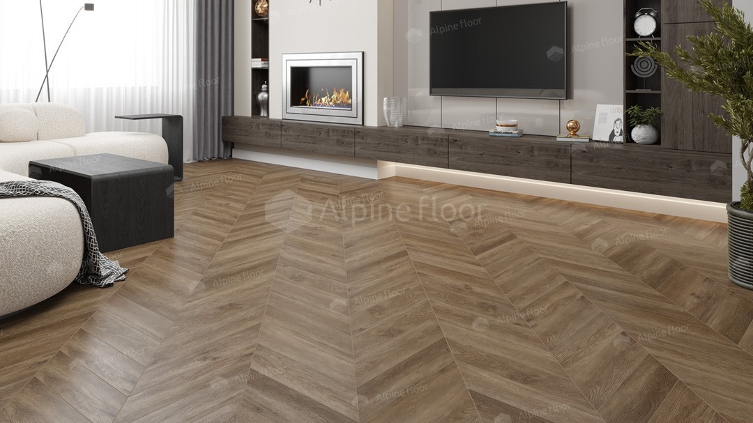 Кварцвиниловая плитка Alpine Floor клеевая Chevron Alpine LVT Макадамия Chevron ECO 20-5 французская елка 555×127×2,5 фото в интерьере