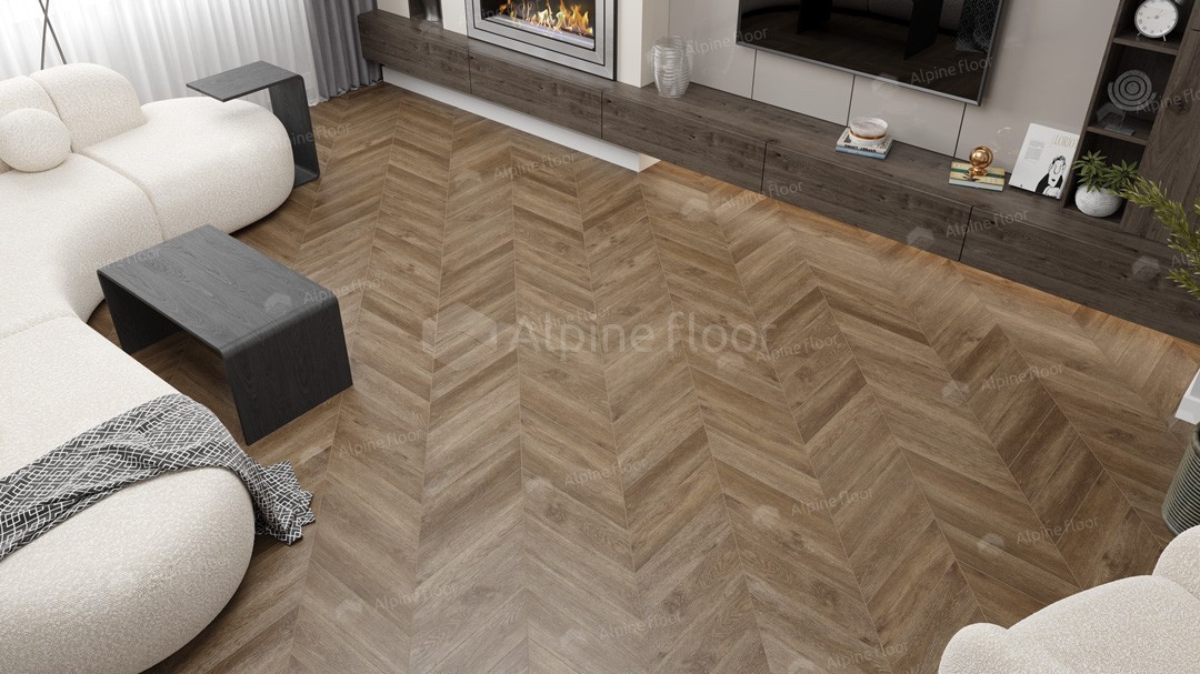 Кварцвиниловая плитка Alpine Floor клеевая Chevron Alpine LVT Макадамия Chevron ECO 20-5 французская елка 555×127×2,5 фото в интерьере
