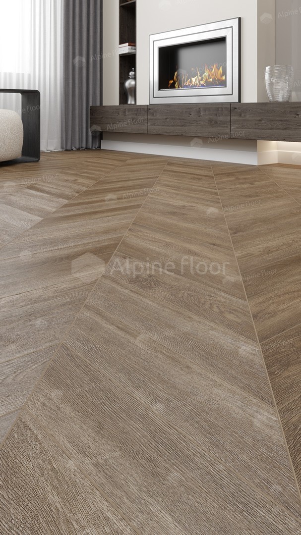Кварцвиниловая плитка Alpine Floor клеевая Chevron Alpine LVT Макадамия Chevron ECO 20-5 французская елка 555×127×2,5 фото в интерьере