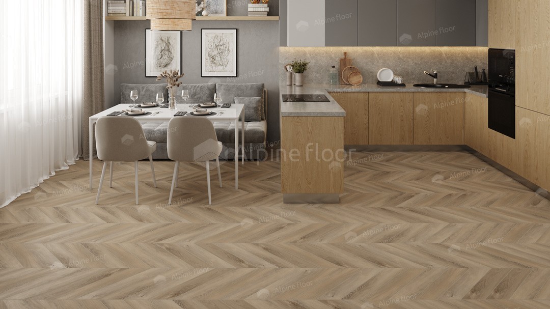 Кварцвиниловая плитка Alpine Floor клеевая Chevron Alpine LVT Дуб Синистра Chevron ECO 20-6 французская елка 555×127×2,5 фото в интерьере