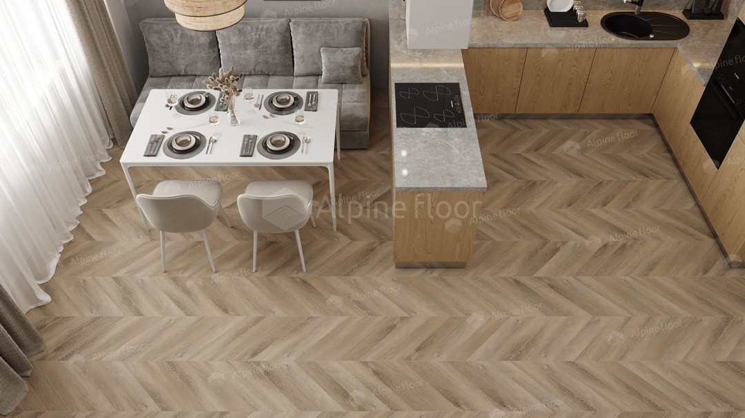 Кварцвиниловая плитка Alpine Floor клеевая Chevron Alpine LVT Дуб Синистра Chevron ECO 20-6 французская елка 555×127×2,5 фото в интерьере