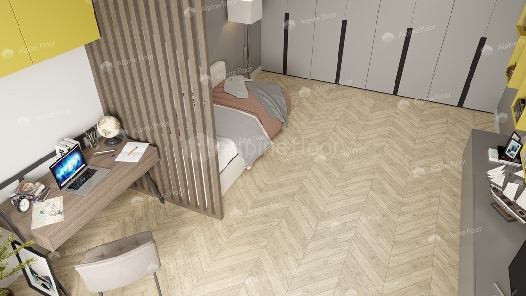 Кварцвиниловая плитка Alpine Floor клеевая Chevron Alpine LVT Сонома Chevron ECO 20-7 французская елка 555×127×2,5 фото в интерьере