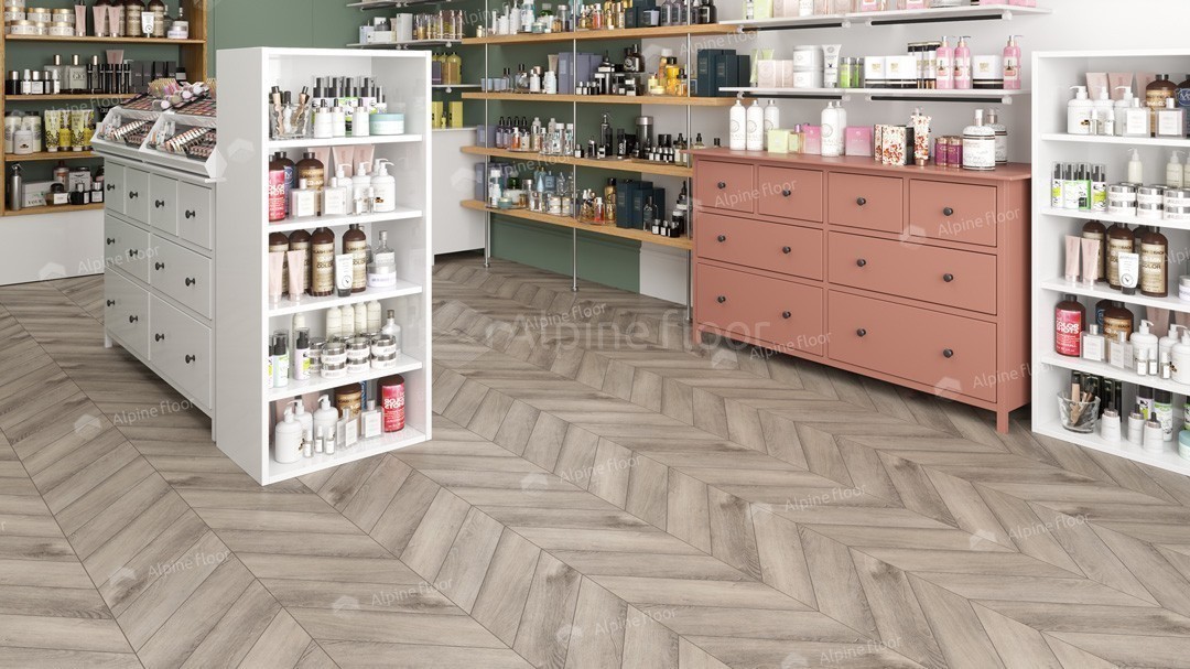 Кварцвиниловая плитка Alpine Floor клеевая Chevron Alpine LVT Дуб Исида Chevron ECO 20-8 французская елка 555×127×2,5 фото в интерьере