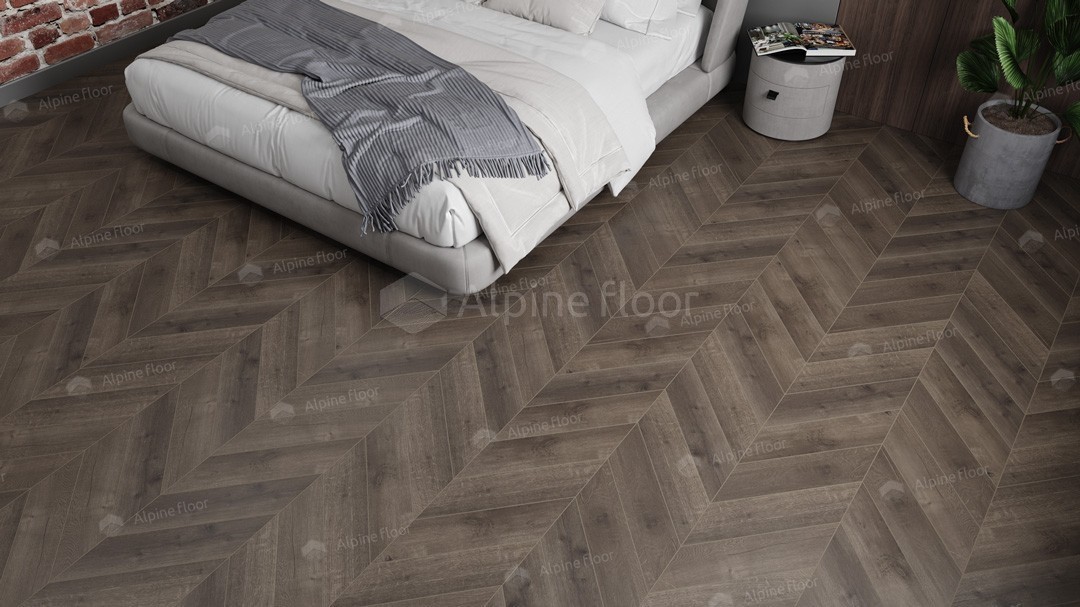 Кварцвиниловая плитка Alpine Floor клеевая Chevron Alpine LVT Дуб Антарес Chevron ECO 20-9 французская елка 555×127×2,5 фото в интерьере