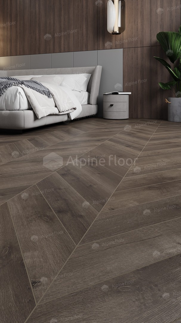 Кварцвиниловая плитка Alpine Floor клеевая Chevron Alpine LVT Дуб Антарес Chevron ECO 20-9 французская елка 555×127×2,5 фото в интерьере