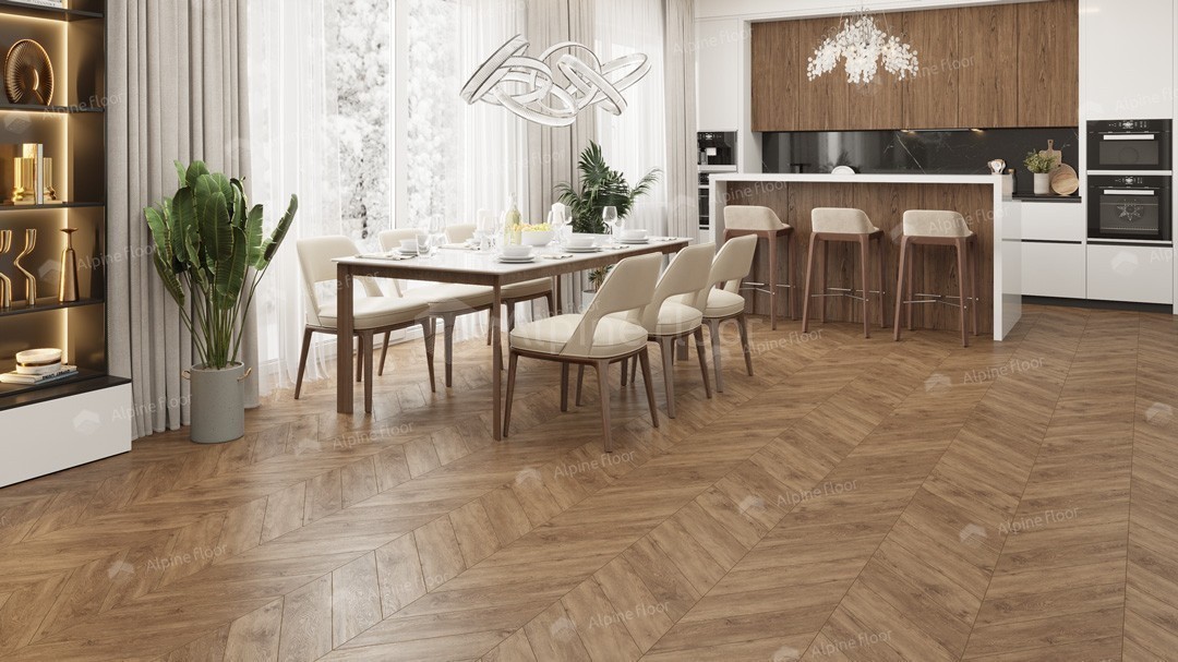 Кварцвиниловая плитка Alpine Floor клеевая Chevron Alpine LVT Гевуина Chevron ECO 20-10 французская елка 555×127×2,5 фото в интерьере