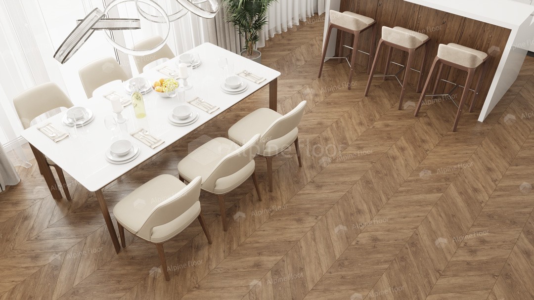 Кварцвиниловая плитка Alpine Floor клеевая Chevron Alpine LVT Гевуина Chevron ECO 20-10 французская елка 555×127×2,5 фото в интерьере