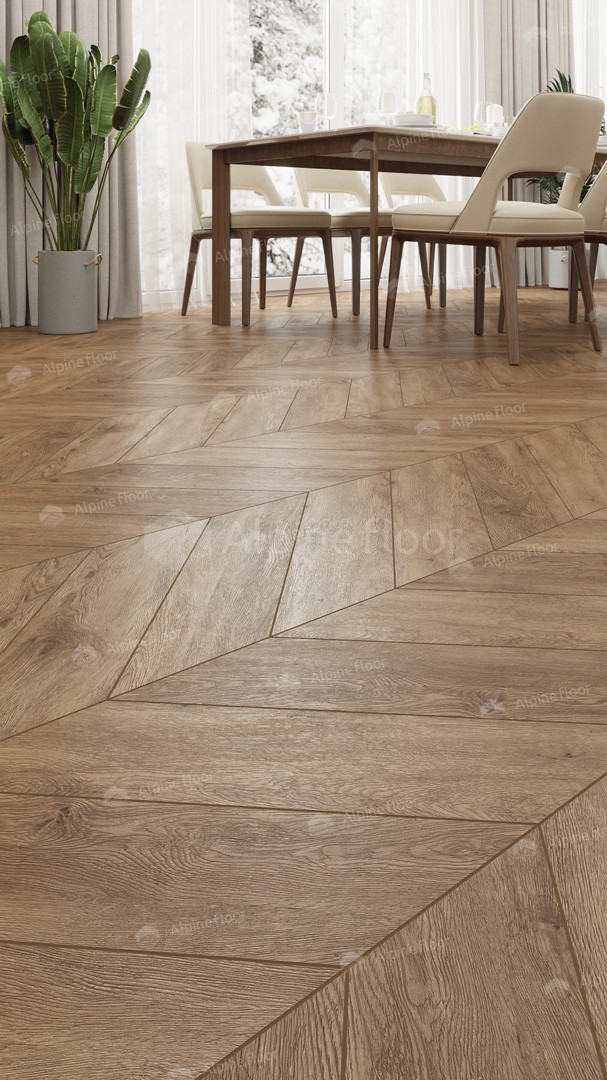 Кварцвиниловая плитка Alpine Floor клеевая Chevron Alpine LVT Гевуина Chevron ECO 20-10 французская елка 555×127×2,5 фото в интерьере