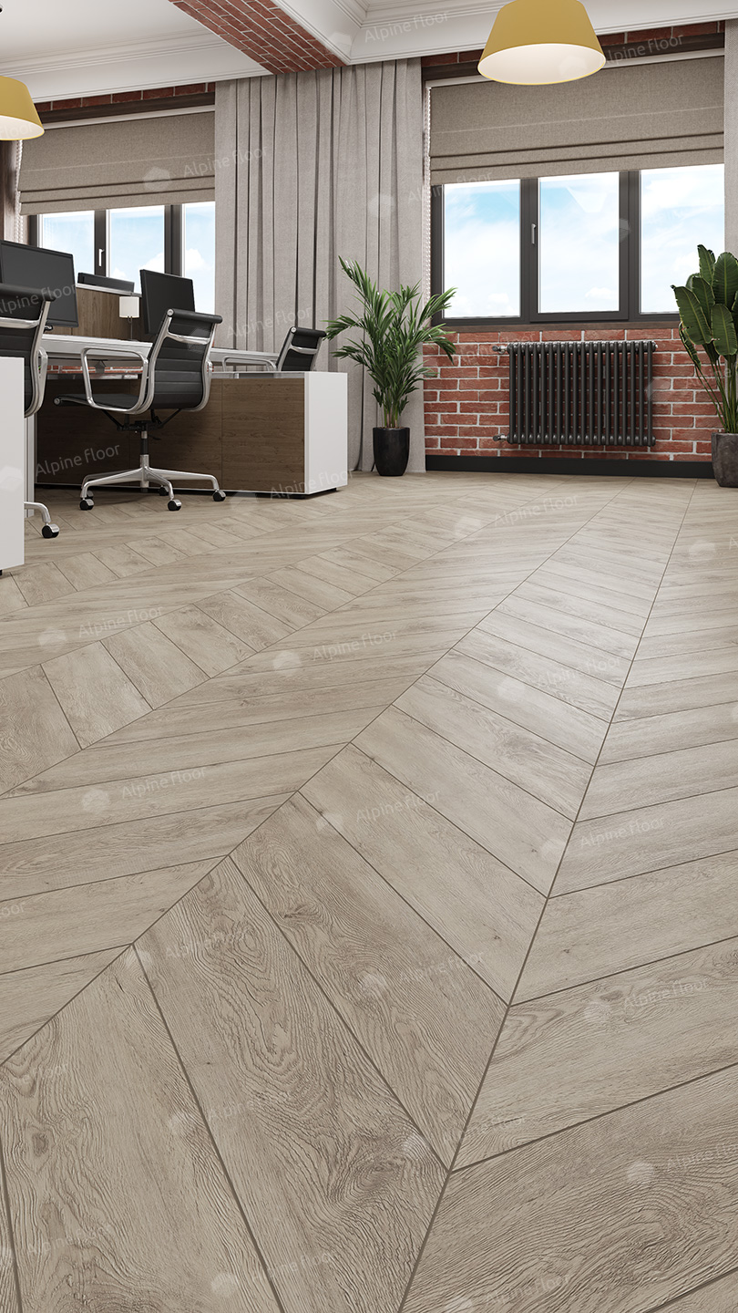 Кварцвиниловая плитка Alpine Floor клеевая Chevron Alpine LVT Карите Chevron ECO 20-11 французская елка 555×127×2,5 фото в интерьере