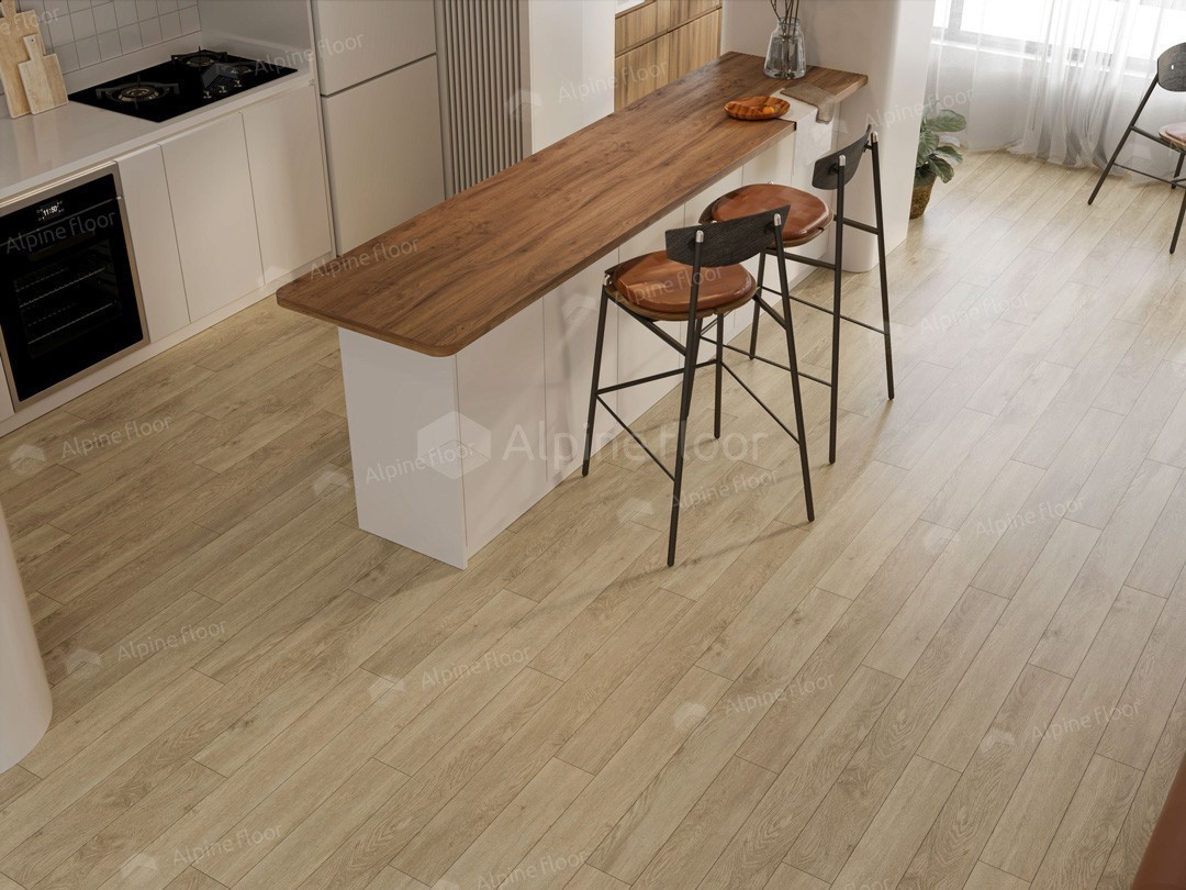 Кварцвиниловый SPC ламинат Alpine Floor Grand Sequoia Village Миндаль ECO 11-607 1220×125×4 фото в интерьере