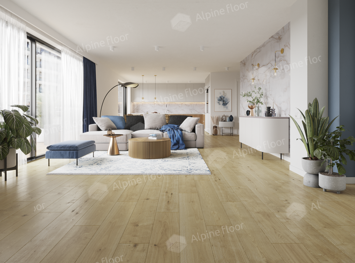 Кварцвиниловый SPC ламинат Alpine Floor ProNature Nore 61865 1290×203×4 фото в интерьере