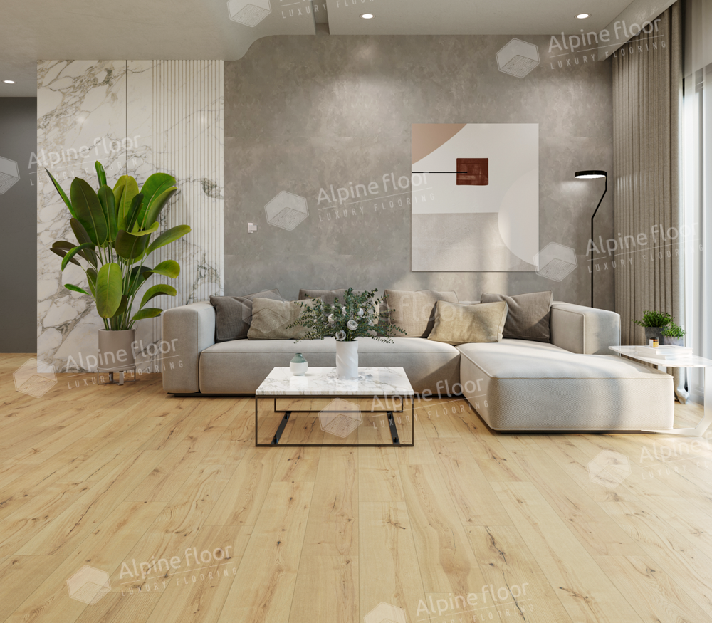 Кварцвиниловый SPC ламинат Alpine Floor ProNature Flushing Bay 61874 1290×203×4 фото в интерьере