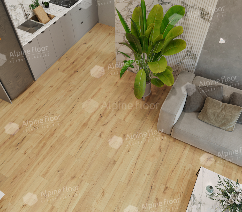 Кварцвиниловый SPC ламинат Alpine Floor ProNature Flushing Bay 61874 1290×203×4 фото в интерьере