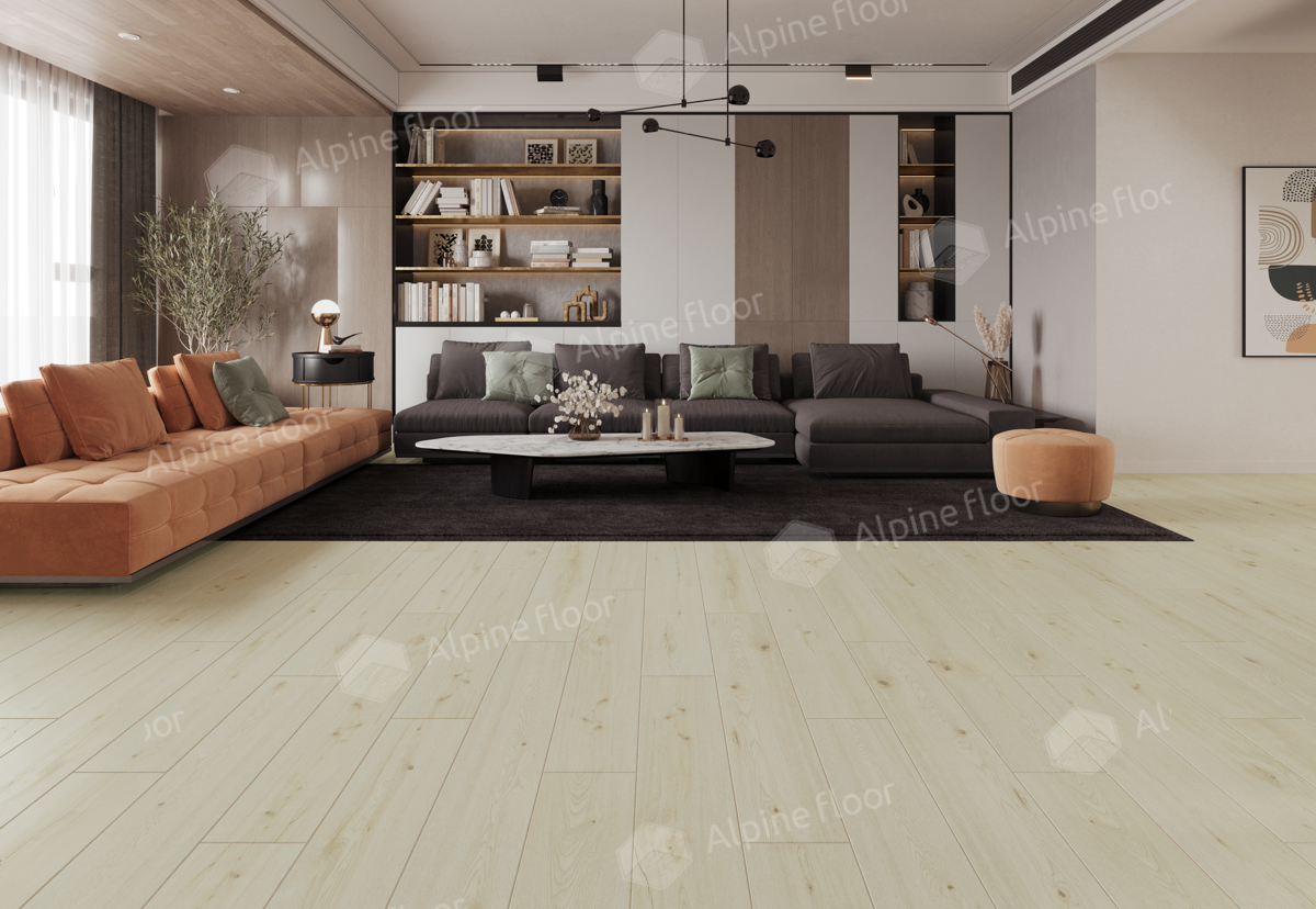 Кварцвиниловый SPC ламинат Alpine Floor ProNature Neiva 62540 1290×246×4 фото в интерьере