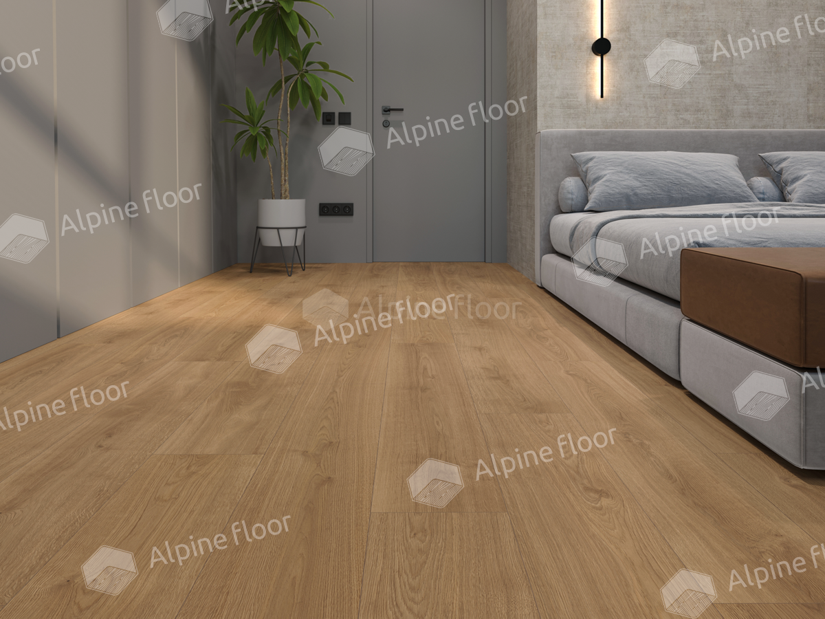 Кварцвиниловый SPC ламинат Alpine Floor ProNature Oak Sajo 64637 1290×246×4 фото в интерьере