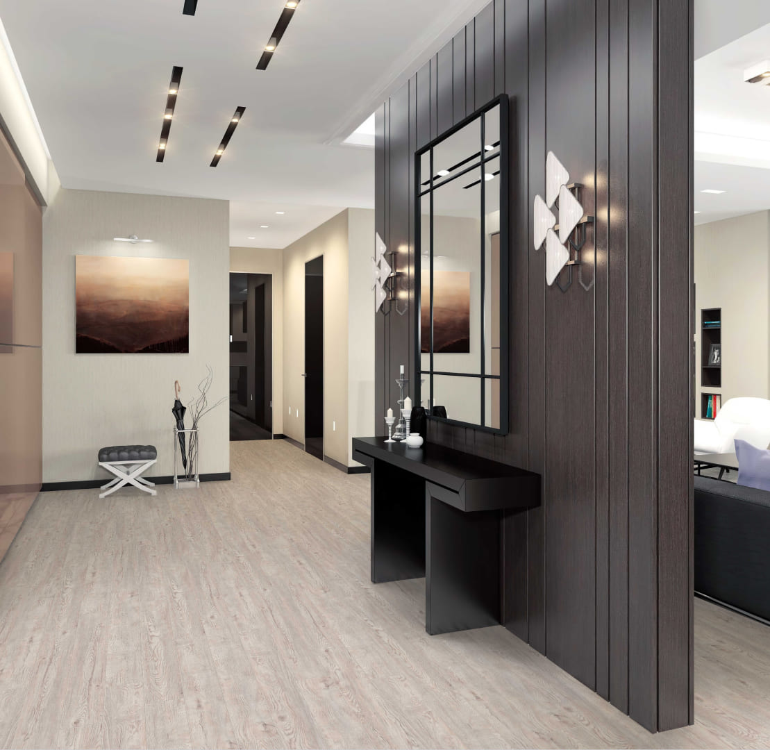 Кварцвиниловый SPC ламинат Cronafloor Grand Sequoia Дуб Каменный 1200×180×5 фото в интерьере