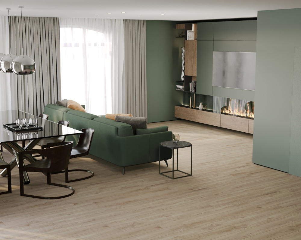 Кварцвиниловый SPC ламинат Cronafloor Wood Дуб Клайпеда XJ1106-13 1200×180×4 фото в интерьере