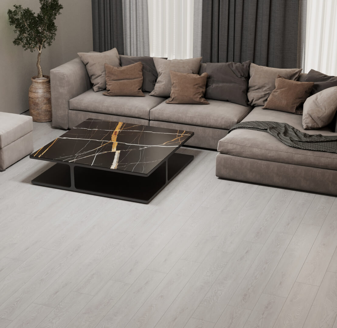 Кварцвиниловый SPC ламинат Cronafloor Wood Дуб Нида XJ1023-16 1200×180×4 фото в интерьере