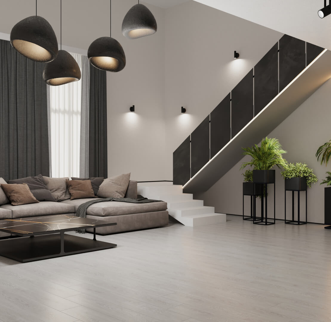 Кварцвиниловый SPC ламинат Cronafloor Wood Дуб Нида XJ1023-16 1200×180×4 фото в интерьере