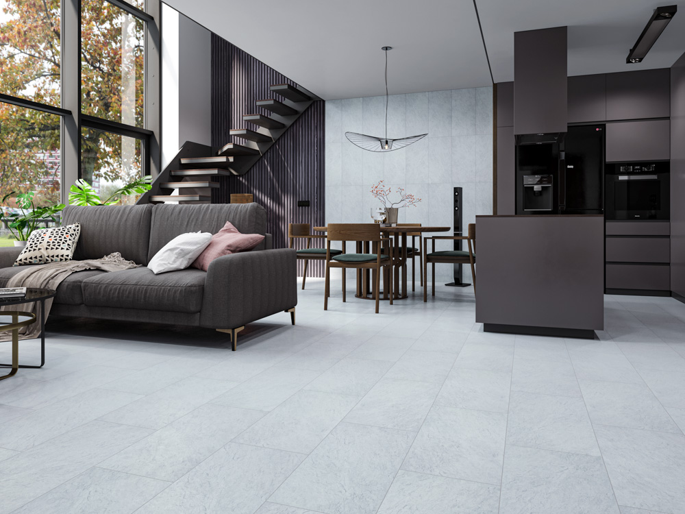 Кварцвиниловый SPC ламинат Cronafloor Stone Саломон XJ87027 600×300×4 фото в интерьере