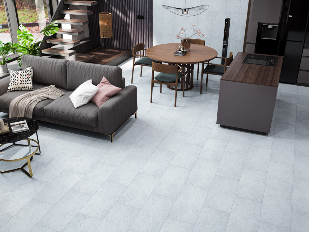 Кварцвиниловый SPC ламинат Cronafloor Stone Саломон XJ87027 600×300×4 фото в интерьере