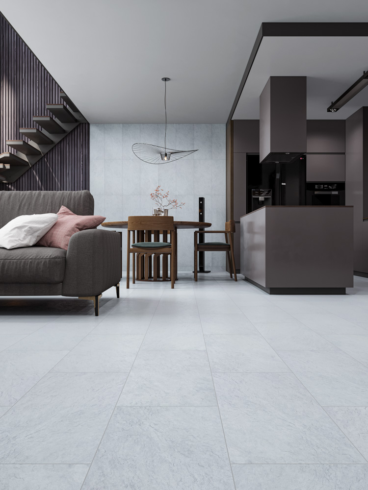 Кварцвиниловый SPC ламинат Cronafloor Stone Саломон XJ87027 600×300×4 фото в интерьере