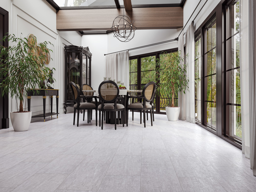 Кварцвиниловый SPC ламинат Cronafloor Stone Бардилио XJ87005 600×300×4 фото в интерьере