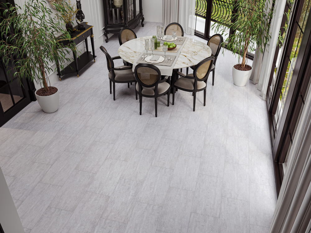 Кварцвиниловый SPC ламинат Cronafloor Stone Бардилио XJ87005 600×300×4 фото в интерьере