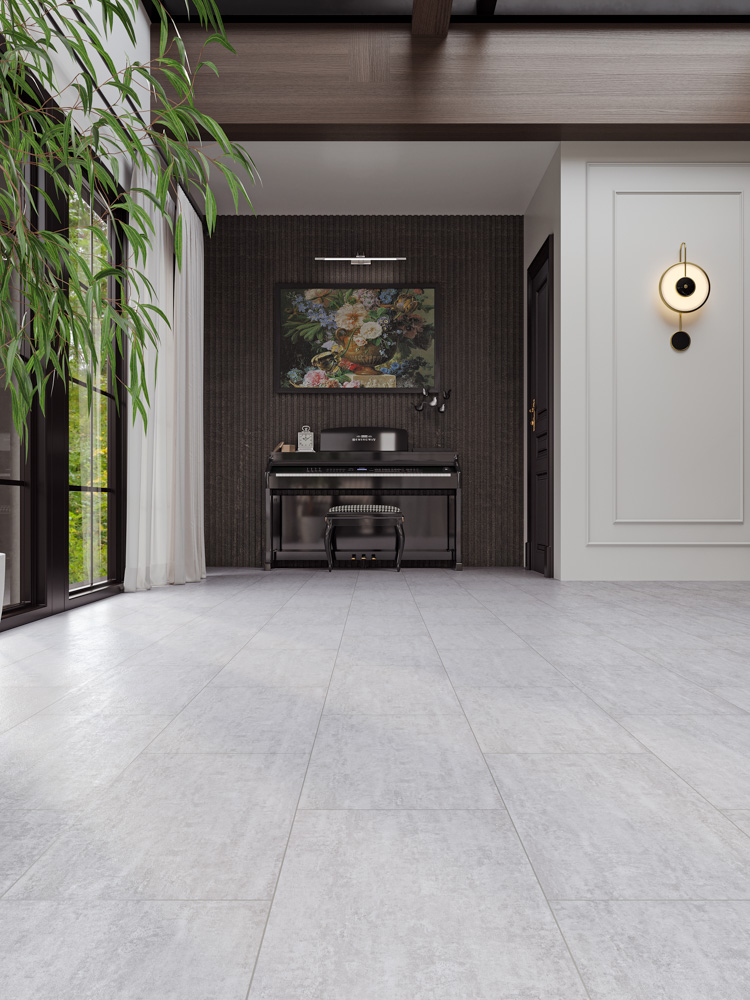 Кварцвиниловый SPC ламинат Cronafloor Stone Бардилио XJ87005 600×300×4 фото в интерьере