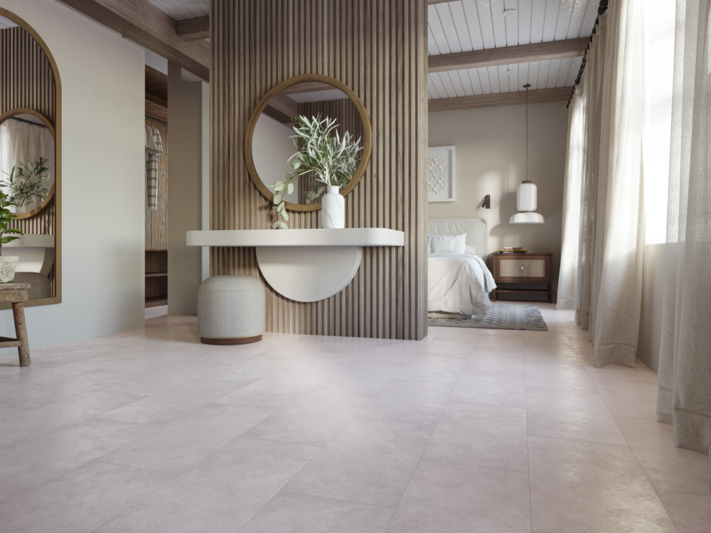 Кварцвиниловый SPC ламинат Cronafloor Stone Аливери XJ87009 600×300×4 фото в интерьере