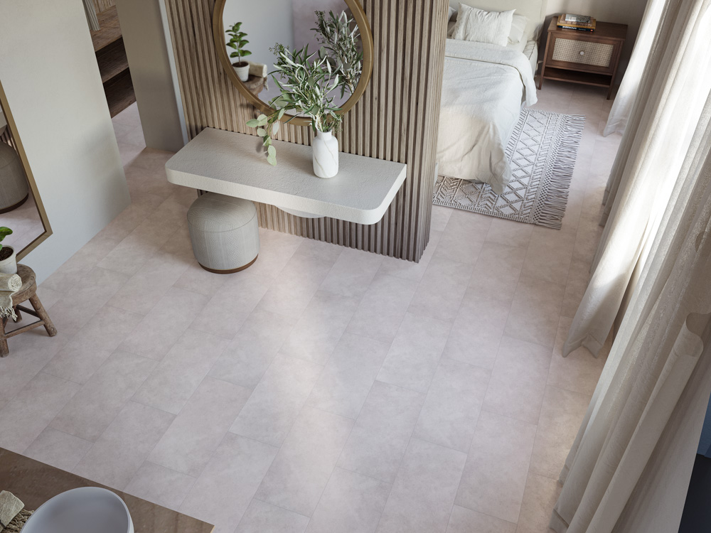 Кварцвиниловый SPC ламинат Cronafloor Stone Аливери XJ87009 600×300×4 фото в интерьере